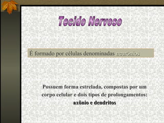 É formado por células denominadas neurôniosneurônios
Possuem forma estrelada, compostas por um
corpo celular e dois tipos de prolongamentos:
axônio e dendritosaxônio e dendritos
 