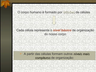 O corpo humano é formado por trilhõestrilhões de células
Cada célula representa o nível básico de organização
do nosso corpo
 A partir das células formam outros níveis maisníveis mais
complexoscomplexos de organização:
 