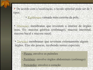 De acordo com a localização, o tecido epitelial pode ser de 3 tipos: Epiderme:  camada mais externa da pele; Mucosas:  membranas que revestem o interior de órgãos ocos. Ex: mucosa gástrica (estômago), mucosa intestinal, mucosa bucal e mucosa nasal; Serosas:  membranas que revestem externamente alguns órgãos. Elas são poucas, recebendo nomes especiais: Pleura:  envolve os pulmões Peritônio : envolve órgãos abdominais (estômago) Pericárdio : envolve o coração 