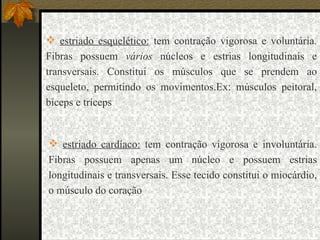 estriado esquelético:  tem contração vigorosa e voluntária. Fibras possuem  vários  núcleos e estrias longitudinais e transversais. Constitui os músculos que se prendem ao esqueleto, permitindo os movimentos.Ex: músculos peitoral, bíceps e tríceps estriado cardíaco:  tem contração vigorosa e involuntária. Fibras possuem apenas um núcleo e possuem estrias longitudinais e transversais. Esse tecido constitui o miocárdio, o músculo do coração  