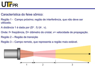 Característica do feixe sônico: 
Região 1 - Campo próximo; região de interferência, que não deve ser 
utilizada. 
A distância 1 é dada por (D2 . f) /(4 . v). 
Onde: f= freqüência, D= diâmetro do cristal, v= velocidade de propagação. 
Região 2 – Região de transição 
Região 3 – Campo remoto, que representa a região mais estável. 
 