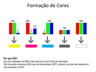 Por que 255?
Em uma verdadeira cor RGB, cada canal de cor tem 8 bits de informação.
Oito bits podem descrever 256 níveis de luminosidade (256
8
), portanto, as cores são medidas em
uma escala de 0 a 255.
Formação de Cores
 