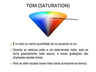 TOM (SATURATION)
 É a maior ou menor quantidade de luz presente na cor.
 Quando se adiciona preto a um determinado matiz, este se
torna gradualmente mais escuro, e essas gradações são
chamadas escalas tonais.
 Para se obter escalas tonais mais claras acrescenta-se branco.
 