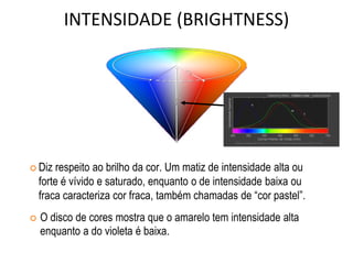 INTENSIDADE (BRIGHTNESS)
 Diz respeito ao brilho da cor. Um matiz de intensidade alta ou
forte é vívido e saturado, enquanto o de intensidade baixa ou
fraca caracteriza cor fraca, também chamadas de “cor pastel”.
 O disco de cores mostra que o amarelo tem intensidade alta
enquanto a do violeta é baixa.
 