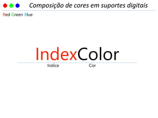 IndexColorIndice Cor
Red Green Blue
Composição de cores em suportes digitais
 