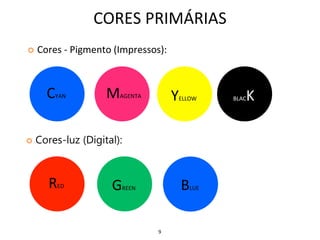 9
CORES PRIMÁRIAS
 Cores - Pigmento (Impressos):
 Cores-luz (Digital):
CYAN MAGENTA YELLOW BLACK
BLUEGREENRED
 