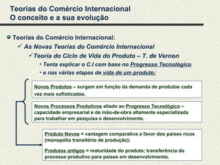 Teorias do Comércio Internacional
O conceito e a sua evolução

Teorias do Comércio Internacional:
  As Novas Teorias do Comércio Internacional
     Teoria do Ciclo de Vida do Produto – T. de Vernon
         • Tenta explicar o C.I com base no Progresso Tecnológico
         • e nas várias etapas de vida de um produto;

       Novos Produtos – surgem em função da demanda de produtos cada
       vez mais sofisticados.

       Novos Processos Produtivos aliado ao Progresso Tecnológico –
       capacidade empresarial e de mão-de-obra altamente especializada
       para trabalhar em pesquisa e desenvolvimento.


           Produto Novos = vantagem comparativa a favor dos países ricos
           (monopólio transitório de produção);

           Produtos antigos = maturidade do produto; transferência do
           processo produtivo para países em desenvolvimento.
 
