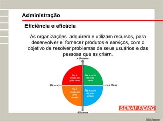 Eficiência e eficácia
As organizações adquirem e utilizam recursos, para
desenvolver e fornecer produtos e serviços, com o
objetivo de resolver problemas de seus usuários e das
pessoas que as criam.
Administração
Júlio Pyramo
 