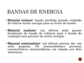  Material isolante: banda proibida grande exigindo
do elétron muita energia para se livrar do átomo.
 Material condutor: um elétron pode passar
facilmente da banda de valência para a banda de
condução sem precisar de muita energia.
 Material semicondutor: um elétron precisa dar um
salto pequeno. Os semicondutores possuem
características intermediárias em relação aos dois
anteriores.
8
 
