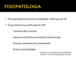

Principal determinante da mortalidade: Disfunção do VD



O que determina a disfunção do VD?
- Tamanho dos trombos
- Isquemia miocárdica persistente (sobrecarga)
- Doença cardiovascular preexistente
- Outras comorbidades
Jaff MR et al. Circulation 2011;123:1788-1830
Lankeit M. Clin Chest Med 2010;31:759-769

 