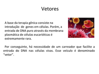 Vetores

A base da terapia gênica consiste na
introdução de genes em células. Porém, a
entrada de DNA puro através da membrana
plasmática de células eucarióticas é
extremamente rara.

 Por conseguinte, há necessidade de um carreador que facilite a
entrada do DNA nas células vivas. Esse veículo é denominado
“vetor”.
 