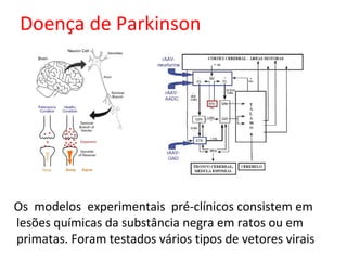 Doença de Parkinson




Os modelos experimentais pré-clínicos consistem em
lesões químicas da substância negra em ratos ou em
primatas. Foram testados vários tipos de vetores virais
 
