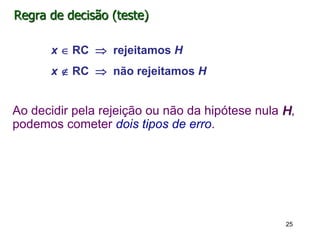 Regra de decisão (teste)
Ao decidir pela rejeição ou não da hipótese nula H,
podemos cometer dois tipos de erro.
25
x  RC  rejeitamos H
x  RC  não rejeitamos H
 
