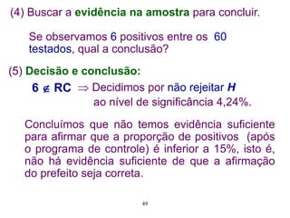 (5) Decisão e conclusão:
(4) Buscar a evidência na amostra para concluir.
Se observamos 6 positivos entre os 60
testados, qual a conclusão?
6  RC
Concluímos que não temos evidência suficiente
para afirmar que a proporção de positivos (após
o programa de controle) é inferior a 15%, isto é,
não há evidência suficiente de que a afirmação
do prefeito seja correta.
 Decidimos por não rejeitar H
ao nível de significância 4,24%.
49
 
