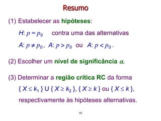 Resumo
(1) Estabelecer as hipóteses:
H: p = p0 contra uma das alternativas
A: p  p0 , A: p  p0 ou A: p  p0 .
(2) Escolher um nível de significância .
(3) Determinar a região crítica RC da forma
{ X  k1 } U { X  k2 }, { X  k } ou { X  k },
respectivamente às hipóteses alternativas.
50
 