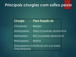 Principais cirurgias com sufixo pexia
Cirurgia Para fixação de
Cistopexia Bexiga
Histeropexia Útero à parede abdominal
Nefropexia Rim a parede abdominal
Retinopexia Retina
Orquiopexia ou
Orquidopexia
Testículo em sua bolsa
 