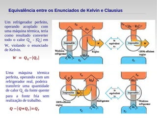 43
Equivalência entre os Enunciados de Kelvin e Clausius
Um refrigerador perfeito,
operando acoplado com
uma máquina térmica, teria
como resultado converter
todo o calor QQ
- |QF
| em
W, violando o enunciado
de Kelvin.
W = QQ−∣QF∣
Uma máquina térmica
perfeita, operando com um
refrigerador real, podeira
transferir uma quantidade
de calor QF
da fonte quente
para a fonte fria sem
realização de trabalho.
Q −(Q+QF )=QF
 