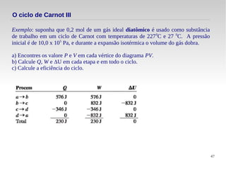 47
O ciclo de Carnot III
Exemplo: suponha que 0,2 mol de um gás ideal diatômico é usado como substância
de trabalho em um ciclo de Carnot com temperaturas de 2270
C e 27 0
C. A pressão
inicial é de 10,0 x 105
Pa, e durante a expansão isotérmica o volume do gás dobra.
a) Encontres os valore P e V em cada vértice do diagrama PV.
b) Calcule Q, W e ΔU em cada etapa e em todo o ciclo.
c) Calcule a eficiência do ciclo.
 