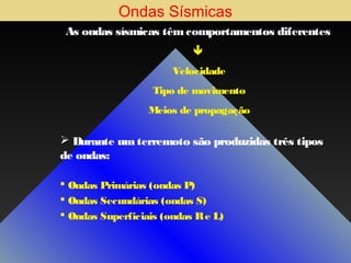 Ondas Sísmicas
As ondas sísmicas têm comportamentos diferentes

Velocidade
Tipo de movimento
Meios de propagação

 Durante um terremoto são produzidas três tipos
de ondas:
 Ondas Primárias (ondas P)
 Ondas Secundárias (ondas S)
 Ondas Superficiais (ondas R e L)

 