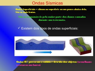 Ondas Sísmicas
Ondas Superficiais – vibram na superfície ou um pouco abaixo dela.
São as mais lentas.

São as responsáveis pela maior parte dos danos causados
durante um terremoto.

 Existem dois tipos de ondas superficiais:

Ondas R  provocam a subida e descida dos objetos (semelhante
a estarem um barco)

 