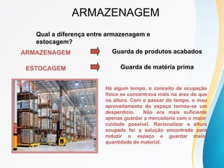 ARMAZENAGEM
Qual a diferença entre armazenagem e
estocagem?
Há algum tempo, o conceito de ocupação
física se concentrava mais na área do que
na altura. Com o passar do tempo, o mau
aproveitamento do espaço tornou-se um
desperdício. Não era mais suficiente
apenas guardar a mercadoria com o maior
possível. Racionalizar a altura
foi a solução encontrada para
cuidado
ocupada
reduzir o espaço e guardar maior
quantidade de material.
ARMAZENAGEM
ESTOCAGEM
Guarda de produtos acabados
Guarda de matéria prima
 