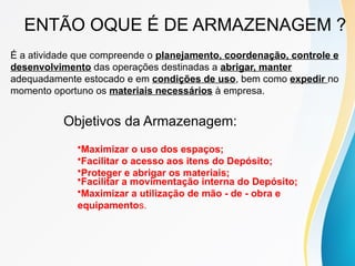 É a atividade que compreende o planejamento, coordenação, controle e
desenvolvimento das operações destinadas a abrigar, manter
adequadamente estocado e em condições de uso, bem como expedir no
momento oportuno os materiais necessários à empresa.
Objetivos da Armazenagem:
•Maximizar o uso dos espaços;
•Facilitar o acesso aos itens do Depósito;
•Proteger e abrigar os materiais;
•Facilitar a movimentação interna do Depósito;
•Maximizar a utilização de mão - de - obra e
equipamentos.
ENTÃO OQUE É DE ARMAZENAGEM ?
 