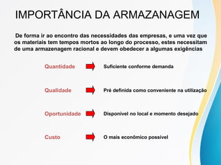 IMPORTÂNCIA DA ARMAZANAGEM
De forma ir ao encontro das necessidades das empresas, e uma vez que
os materiais tem tempos mortos ao longo do processo, estes necessitam
de uma armazenagem racional e devem obedecer a algumas exigências
Quantidade Suficiente conforme demanda
Qualidade Pré definida como conveniente na utilização
Oportunidade Disponível no local e momento desejado
Custo O mais econômico possível
 