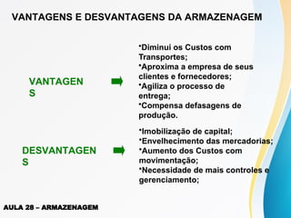 VANTAGENS E DESVANTAGENS DA ARMAZENAGEM
VANTAGEN
S
•Diminui os Custos com
Transportes;
•Aproxima a empresa de seus
clientes e fornecedores;
•Agiliza o processo de
entrega;
•Compensa defasagens de
produção.
DESVANTAGEN
S
•Imobilização de capital;
•Envelhecimento das mercadorias;
•Aumento dos Custos com
movimentação;
•Necessidade de mais controles e
gerenciamento;
AULA 28 – ARMAZENAGEM
 