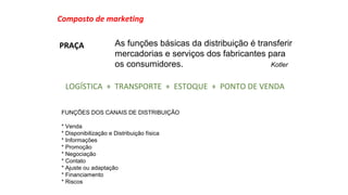 Composto de marketing 
PRAÇA 
As funções básicas da distribuição é transferir 
mercadorias e serviços dos fabricantes para 
os consumidores. Kotler 
LOGÍSTICA + TRANSPORTE + ESTOQUE + PONTO DE VENDA 
FUNÇÕES DOS CANAIS DE DISTRIBUIÇÃO 
* Venda 
* Disponibilização e Distribuição física 
* Informações 
* Promoção 
* Negociação 
* Contato 
* Ajuste ou adaptação 
* Financiamento 
* Riscos 
