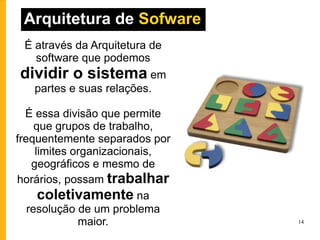 É através da Arquitetura de software que podemos  dividir o sistema  em partes e suas relações. É essa divisão que permite que grupos de trabalho, frequentemente separados por limites organizacionais, geográficos e mesmo de horários, possam  trabalhar coletivamente  na resolução de um problema maior. Arquitetura de  Sofware 