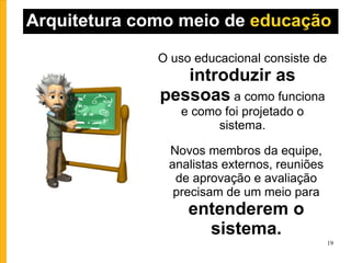 Arquitetura como meio de  educação O uso educacional consiste de  introduzir as pessoas  a como funciona e como foi projetado o sistema. Novos membros da equipe, analistas externos, reuniões de aprovação e avaliação precisam de um meio para  entenderem o sistema. 
