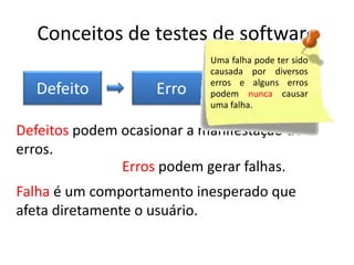 Conceitos de testes de software
                            Uma falha pode ter sido
                            causada por diversos
                            erros e alguns erros
  Defeito           Erro               Falha
                            podem nunca causar
                            uma falha.

Defeitos podem ocasionar a manifestação de
erros.
               Erros podem gerar falhas.
Falha é um comportamento inesperado que
afeta diretamente o usuário.
 