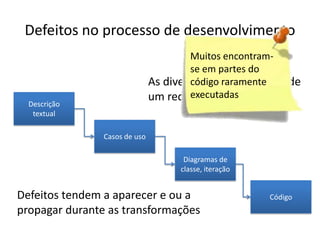 Defeitos no processo de desenvolvimento
                                       Muitos encontram-
                                       se em partes do
                               As diversas transformações de
                                       código raramente
                                       executadas
                               um requisito de software.
  Descrição
   textual

                Casos de uso

                                      Diagramas de
                                     classe, iteração


Defeitos tendem a aparecer e ou a                       Código
propagar durante as transformações
 