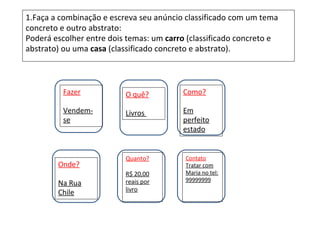 1.Faça a combinação e escreva seu anúncio classificado com um tema
concreto e outro abstrato:
Poderá escolher entre dois temas: um carro (classificado concreto e
abstrato) ou uma casa (classificado concreto e abstrato).



         Fazer            O quê?         Como?

         Vendem-          Livros         Em
         se                              perfeito
                                         estado


                          Quanto?         Contato
        Onde?                             Tratar com
                          R$ 20,00        Maria no tel:
                          reais por       99999999
        Na Rua
                          livro
        Chile
 