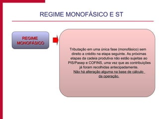 REGIME MONOFÁSICO E ST REGIME  MONOFÁSICO Tributação em uma única fase (monofásico) sem  direito a crédito na etapa seguinte. As próximas  etapas da cadeia produtiva não estão sujeitas ao  PIS/Pasep e COFINS, uma vez que as contribuições já foram recolhidas antecipadamente.  Não há alteração alguma na base de cálculo  da operação. 