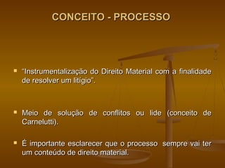CONCEITO - PROCESSO




   “Instrumentalização do Direito Material com a finalidade
    de resolver um litígio”.



   Meio de solução de conflitos ou lide (conceito de
    Carnelutti).

   É importante esclarecer que o processo  sempre vai ter
    um conteúdo de direito material.
 