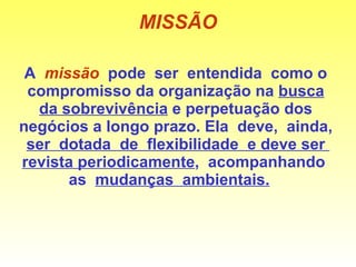 MISSÃO A  missão   pode  ser  entendida  como o compromisso da organização na  busca da sobrevivência  e perpetuação dos negócios a longo prazo. Ela  deve,  ainda,  ser  dotada  de  flexibilidade  e deve ser  revista periodicamente ,  acompanhando  as  mudanças  ambientais.   