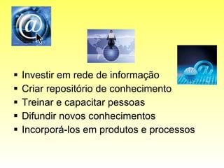 Investir em rede de informação Criar repositório de conhecimento Treinar e capacitar pessoas Difundir novos conhecimentos Incorporá-los em produtos e processos 