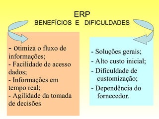 - o timiza o fluxo de informações; - Facilidade de acesso  dados; - Informações em tempo real; - Agilidade da tomada de decisões  - Soluções gerais; - Alto custo inicial; - Dificuldade de customização; - Dependência do fornecedor. ERP BENEFÍCIOS  E  DIFICULDADES 