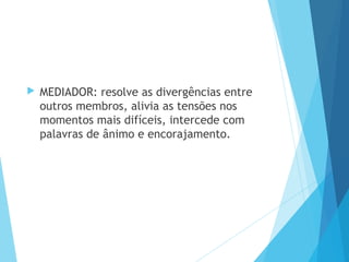  MEDIADOR: resolve as divergências entre
outros membros, alivia as tensões nos
momentos mais difíceis, intercede com
palavras de ânimo e encorajamento.
 