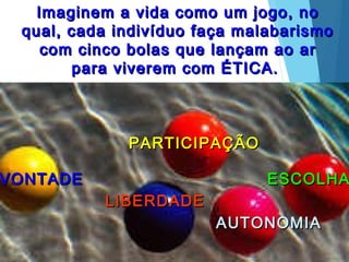 Imaginem a vida como um jogo, noImaginem a vida como um jogo, no
qual, cada indivíduo faça malabarismoqual, cada indivíduo faça malabarismo
com cinco bolas que lançam ao arcom cinco bolas que lançam ao ar
para viverem com ÉTICA.para viverem com ÉTICA.
VONTADEVONTADE
PARTICIPAÇÃOPARTICIPAÇÃO
ESCOLHAESCOLHA
LIBERDADELIBERDADE
AUTONOMIAAUTONOMIA
 