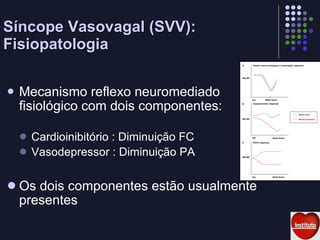 Mecanismo reflexo neuromediado fisiológico com dois componentes: Cardioinibitório : Diminuição FC Vasodepressor : Diminuição PA Os dois componentes estão usualmente presentes Síncope Vasovagal (SVV): Fisiopatologia 