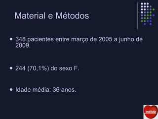 Material e Métodos 348 pacientes entre março de 2005 a junho de 2009. 244 (70,1%) do sexo F. Idade média: 36 anos. 