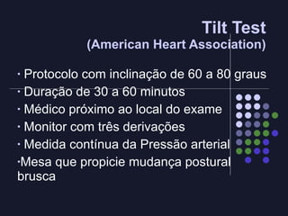 Tilt Test (American Heart Association) Protocolo com inclinação de 60 a 80 graus Duração de 30 a 60 minutos Médico próximo ao local do exame Monitor com três derivações Medida contínua da Pressão arterial Mesa que propicie mudança postural brusca 