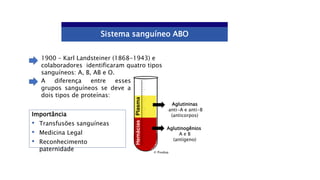 Sistema sanguíneo ABO
1900 – Karl Landsteiner (1868-1943) e
colaboradores identificaram quatro tipos
sanguíneos: A, B, AB e O.
A diferença entre esses
grupos sanguíneos se deve a
dois tipos de proteínas:
Importância
• Transfusões sanguíneas
• Medicina Legal
• Reconhecimento
paternidade
Aglutininas
anti-A e anti-B
(anticorpos)
Aglutinogênios
A e B
(antígeno)
Hemácias
Plasma
© Pixabay
 