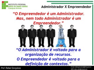 Administrador X Empreendedor

            “O Empreendedor é um Administrador.
             Mas, nem todo Administrador é um
                     Empreendedor.”




                “O Administrador é voltado para a
                    organização de recursos.
                O Empreendedor é voltado para a
                    definição de contextos.”
                                                   E-mail: rafael.goncalves@ifnmg.edu.br
                                        E-mail: rafael.goncalves@ifnmg.edu.br
                                        E-mail: rafael.goncalves@ifnmg.edu.br
Prof. Rafael Gonçalves                  MSN: rafax_adm@hotmail.com
                                        MSN: rafax_adm@hotmail.com
                                                   MSN: rafax_adm@hotmail.com
 
