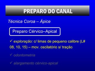 PREPARO DO CANAL Técnica Coroa – Ápice <ul><li>exploração:  c/ limas de pequeno calibre (L# 08, 10, 15) – mov. oscilatório...