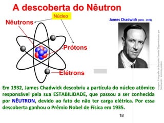 18
James Chadwick (1891 - 1974)
A descoberta do Nêutron
Nêutrons
Prótons
Elétrons
Núcleo
Imagem:
Fotografia
de
Bortzells
Esselte/
Disponibilizado
por
Carcharoth
/
domínio
público.
Nêutrons
Prótons
Elétrons
Em 1932, James Chadwick descobriu a partícula do núcleo atômico
responsável pela sua ESTABILIDADE, que passou a ser conhecida
por NÊUTRON, devido ao fato de não ter carga elétrica. Por essa
descoberta ganhou o Prêmio Nobel de Física em 1935.
 