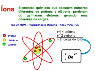 Próton
+
Nêutron
0
Elétron
–
+
–
Be
4
9 2+
íon CÁTION – PERDEU dois elétrons – ficou POSITIVO
–
+
+ +
+
–
Íons Elementos q...