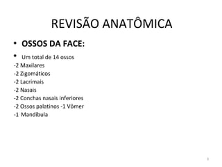 3
REVISÃO ANATÔMICA
• OSSOS DA FACE:
• Um total de 14 ossos
-2 Maxilares
-2 Zigomáticos
-2 Lacrimais
-2 Nasais
-2 Conchas nasais inferiores
-2 Ossos palatinos -1 Vômer
-1 Mandíbula
 